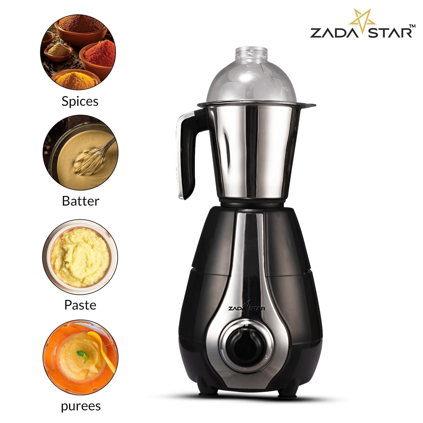 ZADASTAR ZS EXOTIC 750W Juicer Mixer Grinder | 4 Jars | Black and Silver | Overload Protection | 1 Year Replacement Warranty