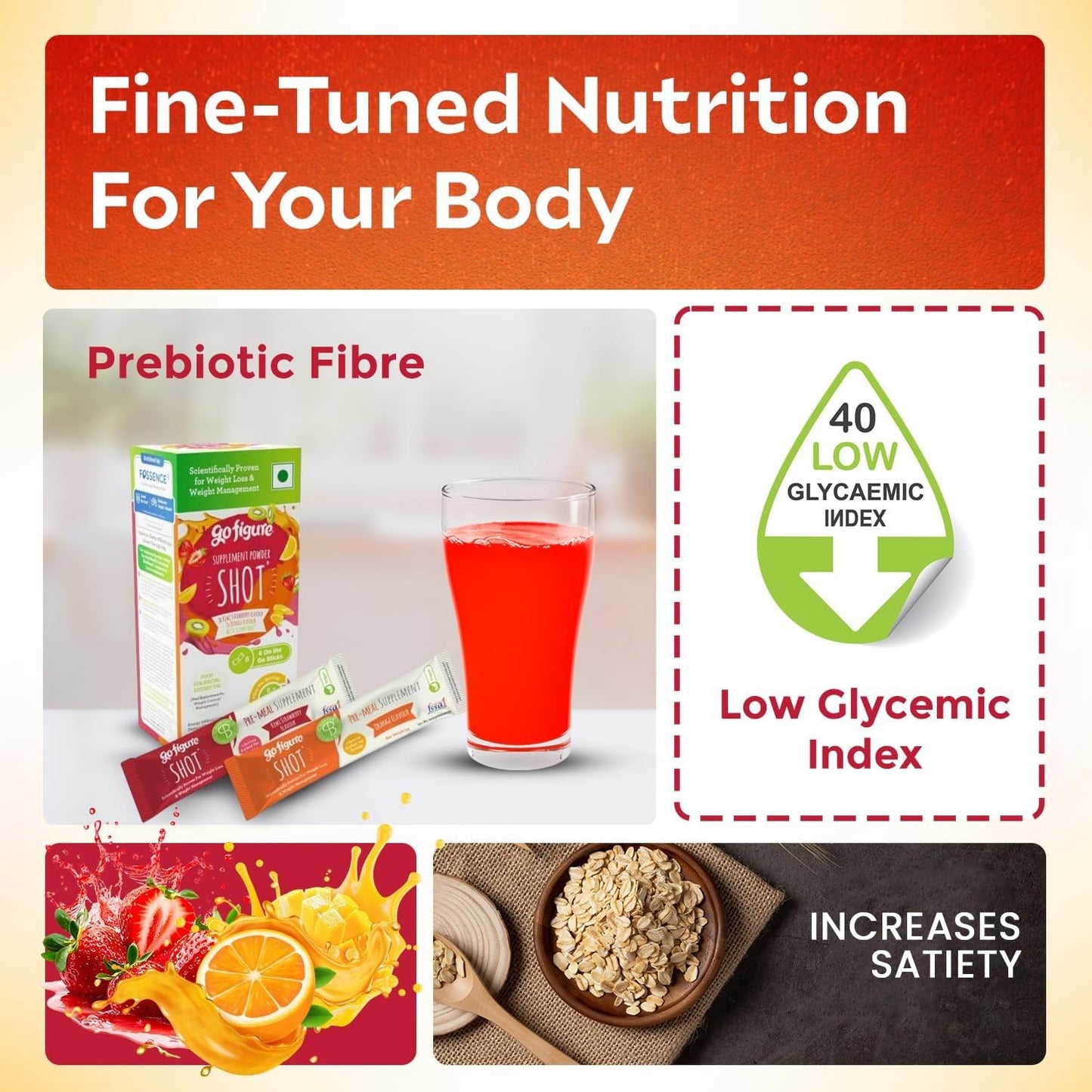 GoFigure Pre Meal Supplement Powder Shot Orange & Kiwi Strawberry Flavor, 6 Sachets (5g Each) | Slimbiome for Weight Loss & Weight Management, Metabolism Support | Appetite Control for Men & Women