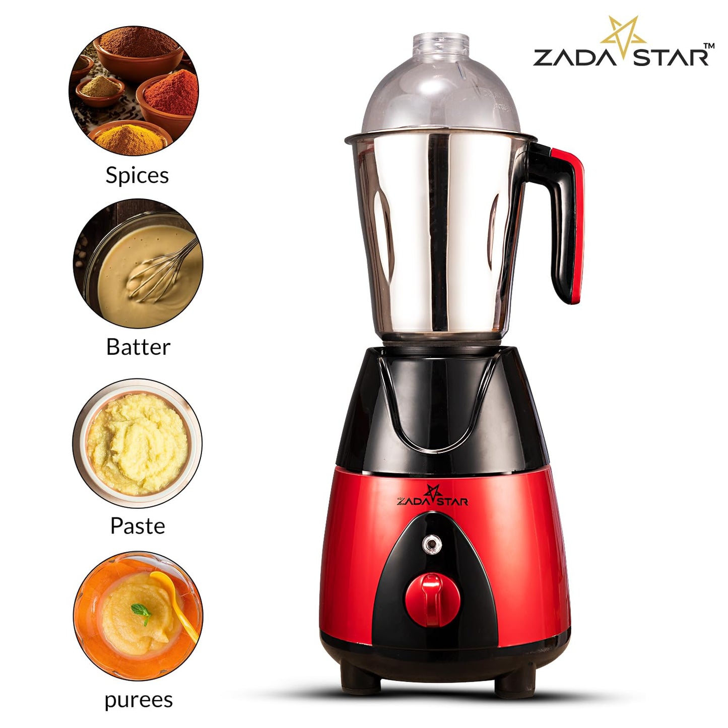 ZADASTAR ZS ELITE 750W Mixer Grinder | 3 Jars | Red and Black | Overload Protection | 1 Year Replacement Warranty
