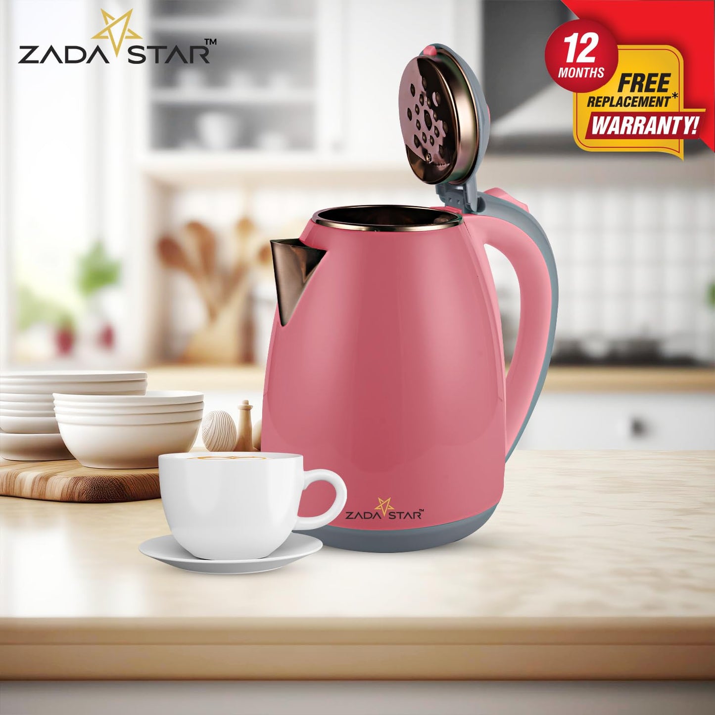 ZADASTAR 1.8L ZS COLOUR COOLTOUCH KETTLE | 1500W | Cool Touch Outer Body | Stainless Steel Inner Body | 1 Year Free Replacement Warranty (Pink)