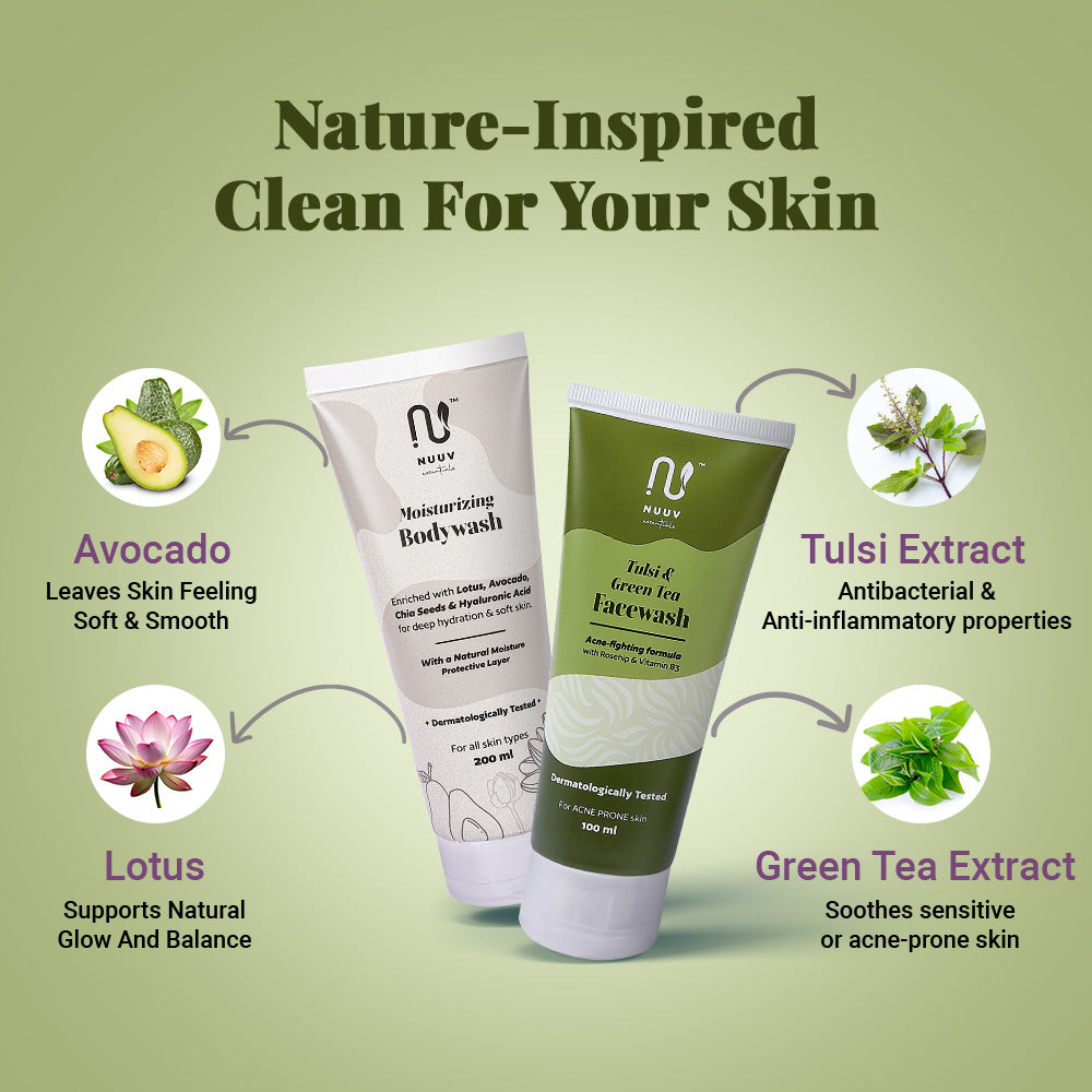 Nuuv Essential Combo - Tulsi & Green Tea Facewash & Moisturizing Bodywash | Daily Glow Duo | Vegan | Paraben-Free | Glow and Hydration | For All Skin Types | 100ml + 200ml