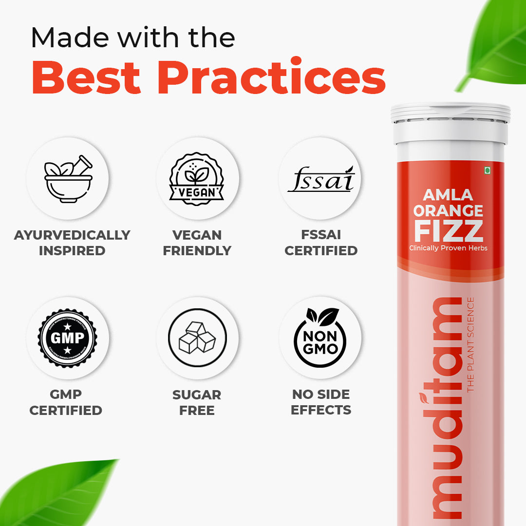 Muditam Ayurveda Amla Orange Fizz Tablet | Vitamin C Effervescent tablets for Skin, Hairs & Eyes | Amla Orange Extract 40 Effervescent Tablets | Immunity Booster | Antioxidant Builder