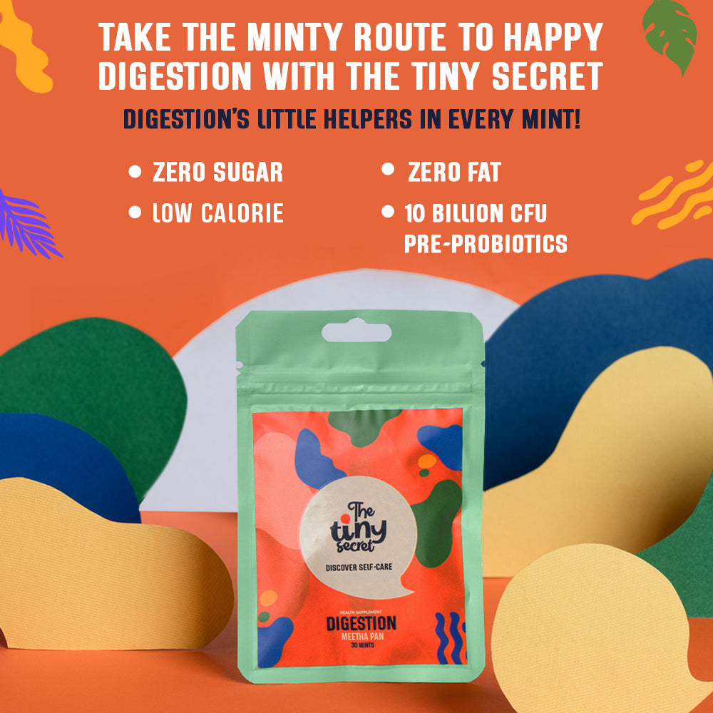The Tiny Secret Digestion Fit Mints | Metabolic Booster | Zero Sugar & Low Calorie | Protects Gut from Infection | With FOS Prebiotics & 10 Billion Cfu Probiotics | Meetha Pan Flavour | 30 Mints Pack of 2