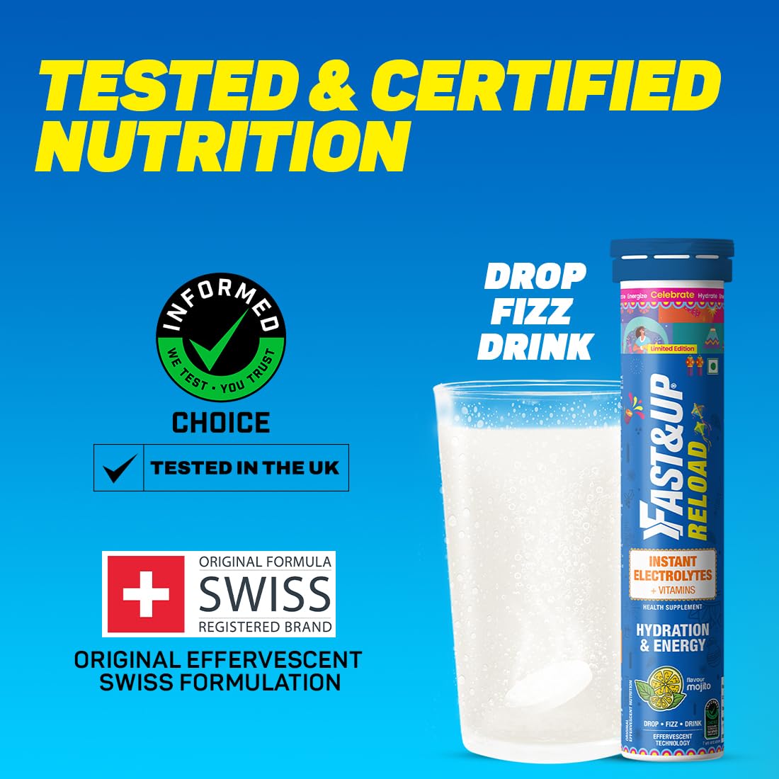 FAST&UP Reload (5 Litres) Low Sugar Energy Drink For Instant Hydration- With All 5 Essential Electrolytes + Added Vitamins -Certified Electrolytes Drink- Mojito Flavour (Pack Of 1) - Tablet