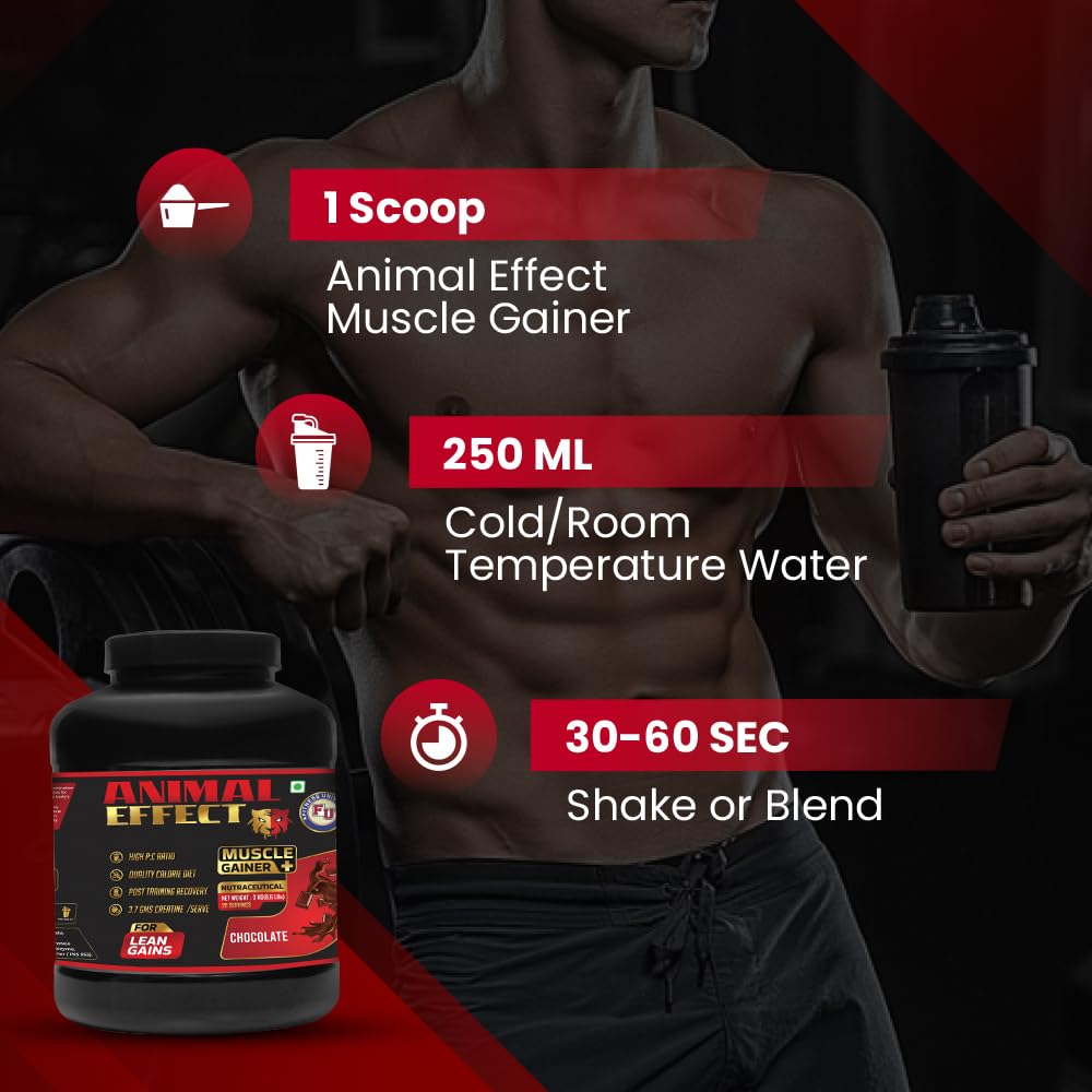 Fitness Universe Animal Effect Muscle Gainer | Chocolate | 3Kg | 20 Servings | 20g Protein | Whey Protein Concentrate & Creatine Monohydrate | For Lean Gains & Post Training Recovery