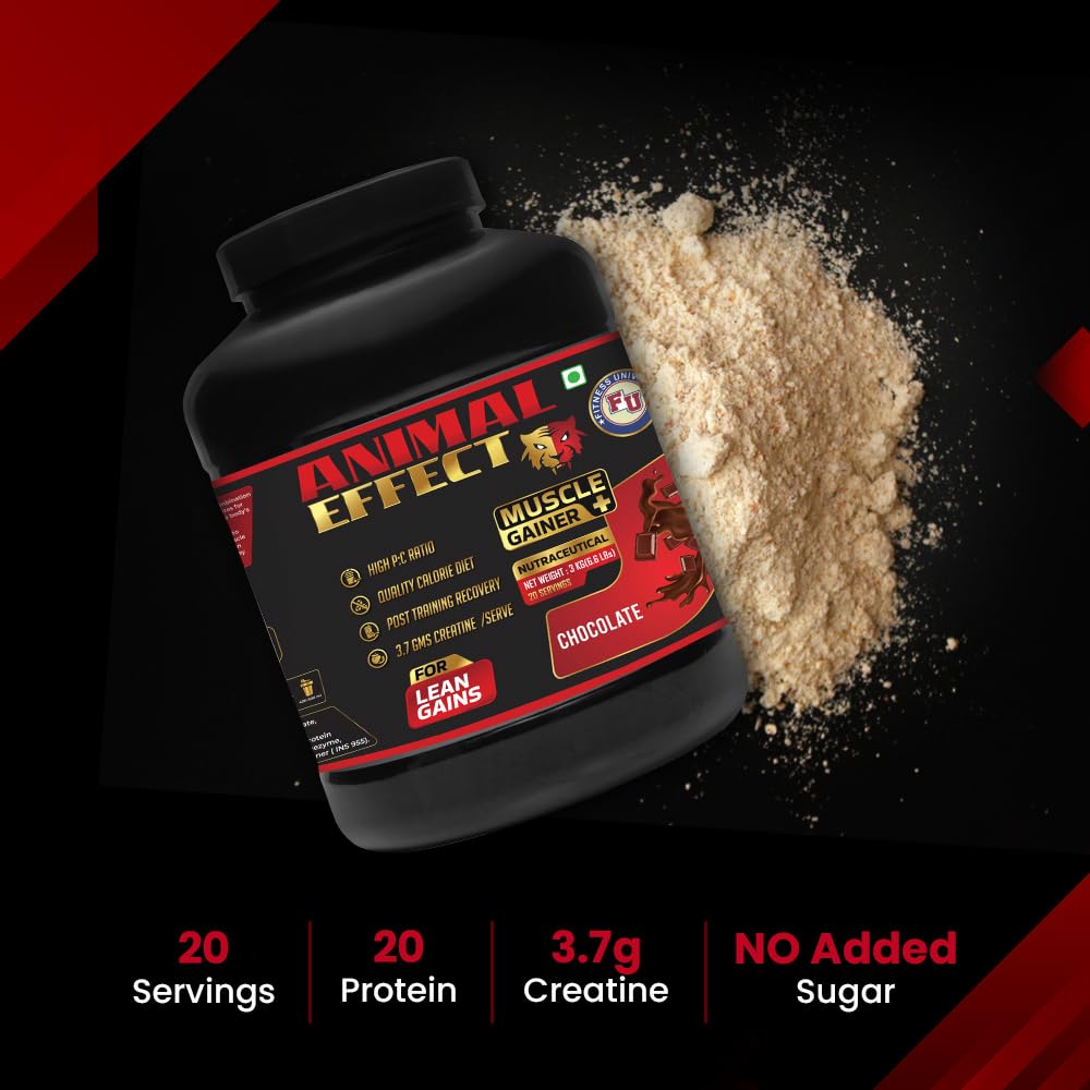 Fitness Universe Animal Effect Muscle Gainer | Chocolate | 3Kg | 20 Servings | 20g Protein | Whey Protein Concentrate & Creatine Monohydrate | For Lean Gains & Post Training Recovery