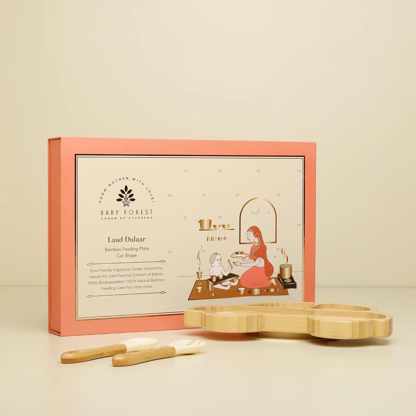 BABY FOREST Laad Dulaar Bamboo Feeding Plate | Car Shape | Toxin & Chemical-Free | Bio-Degradable & Environment-Friendly | with Silicon Suction Base | Cruelty-Free