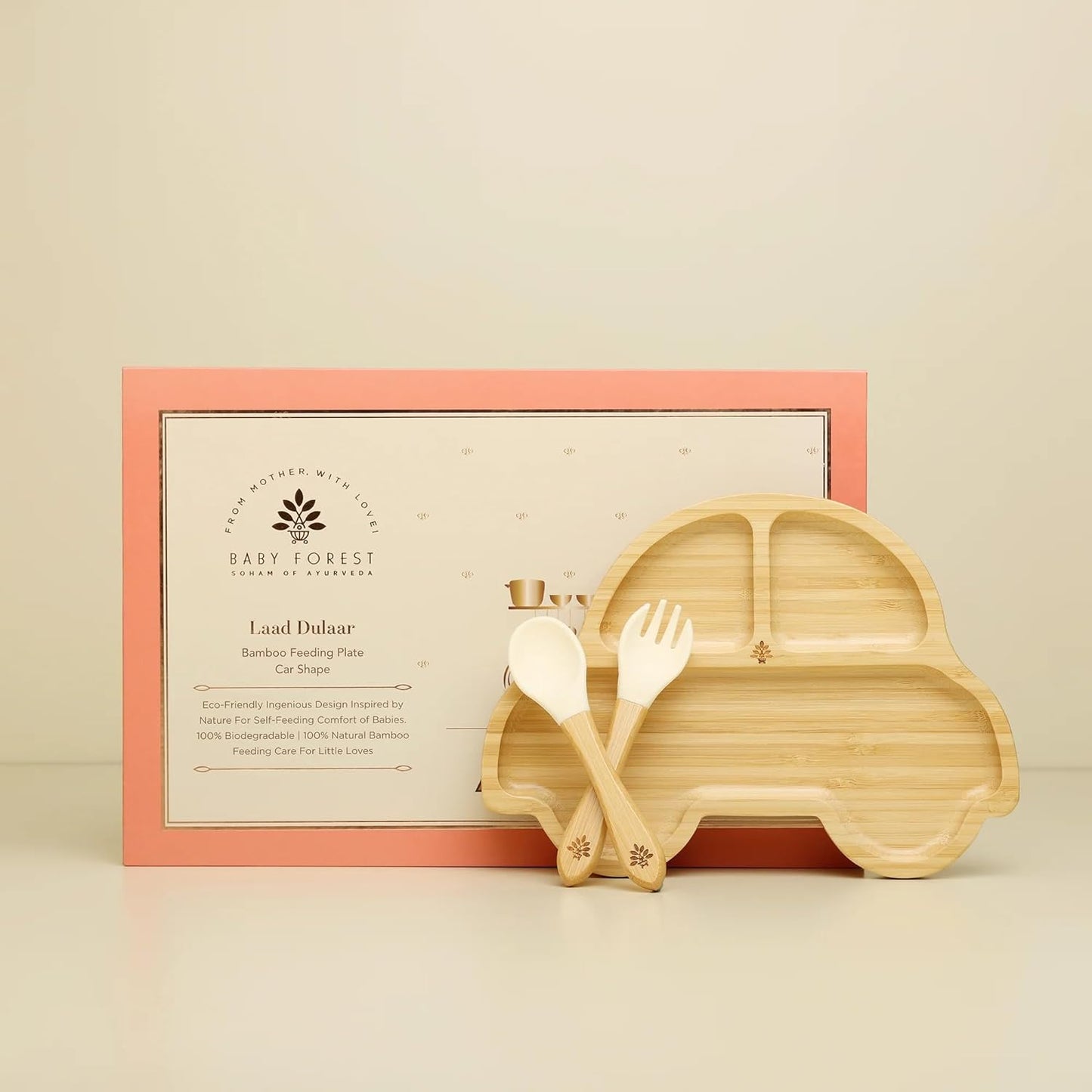 BABY FOREST Laad Dulaar Bamboo Feeding Plate | Car Shape | Toxin & Chemical-Free | Bio-Degradable & Environment-Friendly | with Silicon Suction Base | Cruelty-Free