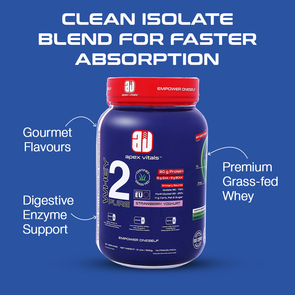 Apex Vitals Whey 2 Pure | Grass-fed Whey made in EU | Whey Isolate & Hydrolyzed | 30g protein, 15g EAA+8g BCAA | Digestive Enzymes | Muscle Build & Recovery | 900gm (2lbs) - 25+ Ser | Strawberry Yogurt