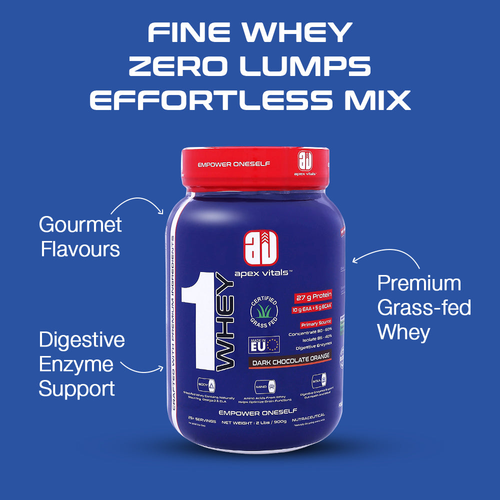 Apex Vitals 1 Whey|Grass-Fed Whey|Made In Europe|FDA,EFSA & FSSAI Certified|27g Protein, 10g EAA+ 5gBCAA|Concentrate 80-60%,Isolate 86-40%,Digestive Enzymes|2lbs (900g)25+ Ser- Dark Chocolate Orange