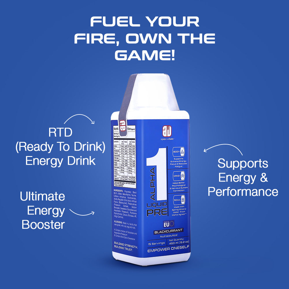 Apex Vitals Alpha 1 Liquid Pre Sports RTD|Made In Europe|FDA,EFSA & FSSAI Certified|Natural Spring Water(Mohai Agnes),Beta Alanine,Taurine,Naicin & Caffeine|Energy,Focus & Performance|BlackCurrant Flavour
