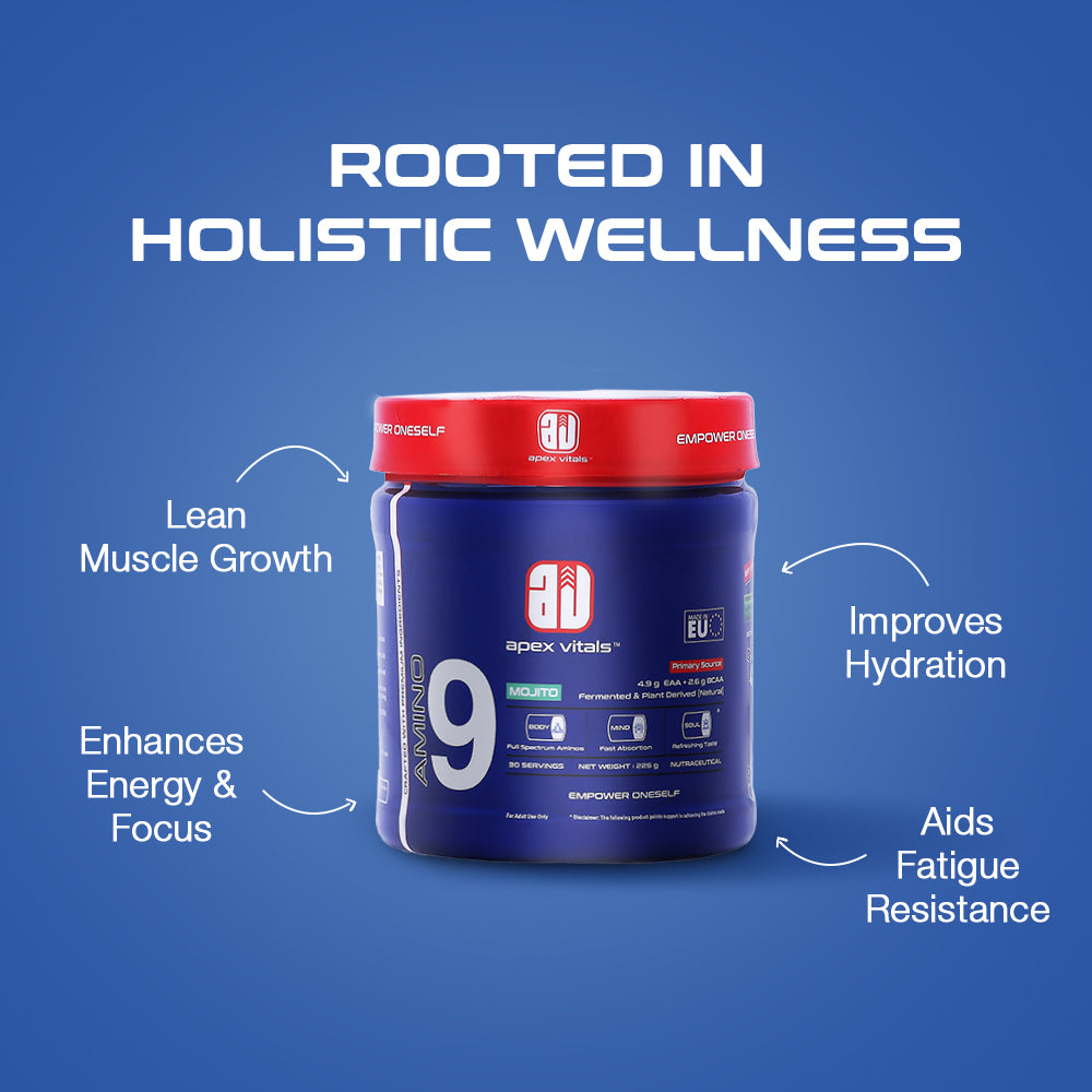 Apex Vitals Amino 9 | All 9 essential amino acids | Pre/Intra Workout Supplement | 4.9g EAA+2.6g BCAA | Natural & Fermented Plant Derived | 225g - 30 servings | Mojito