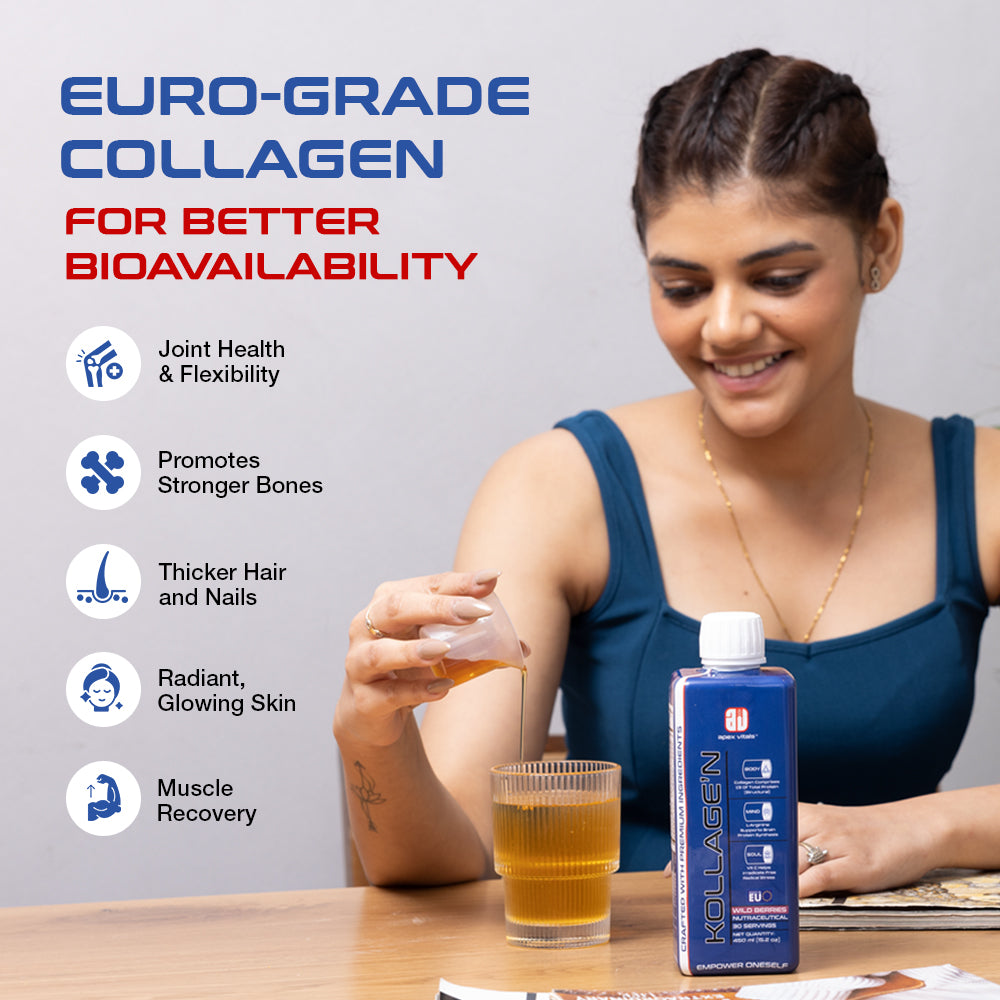 Apex Vitals KOLLAGEN Collagen Liquid - 30 ser | Made in Europe | FDA,EFSA,FSSAI Certified | India's First Liquid Collagen | Type 1 & 3,Mohai Agnes Spring Water, Hyaluronic acid,Biotin & Vit C | 30 Ser-Wild Berries
