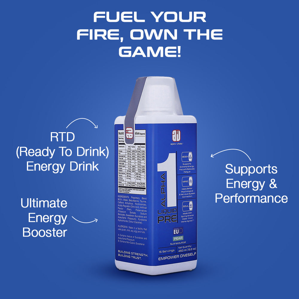Apex Vitals Alpha 1 Liquid Pre Sports RTD|Made In Europe|FDA,EFSA & FSSAI Certified|Natural Spring Water(Mohai Agnes),Beta Alanine,Taurine,Naicin & Caffeine|Energy,Focus & Performance|Pear Flavour