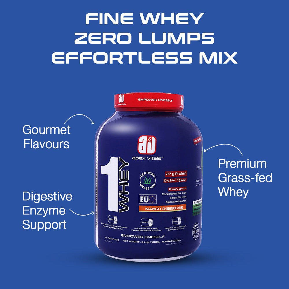 Apex Vitals 1 Whey - Grass-Fed Whey | 27g Protein, 10g EAA + 5g BCAA | Concentrate 80-60%, Isolate 86-40%, Digestive Enzymes | FDA, EFSA & FSSAI Certified|Mango Cheesecake - 4lbs