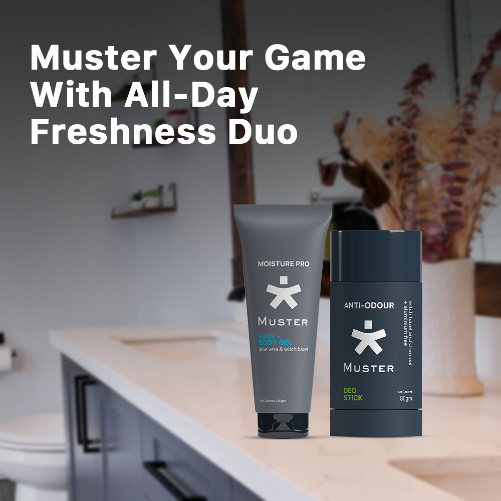 Muster Men Combo - Deo Stick & Hair & Body Gel | Aluminum-Free Deo Stick | Anti-Odour Formula | All-Day Freshness | Aloe Vera Hair & Body Gel | Gentle Care for Hair & Body | Men Grooming Essentials