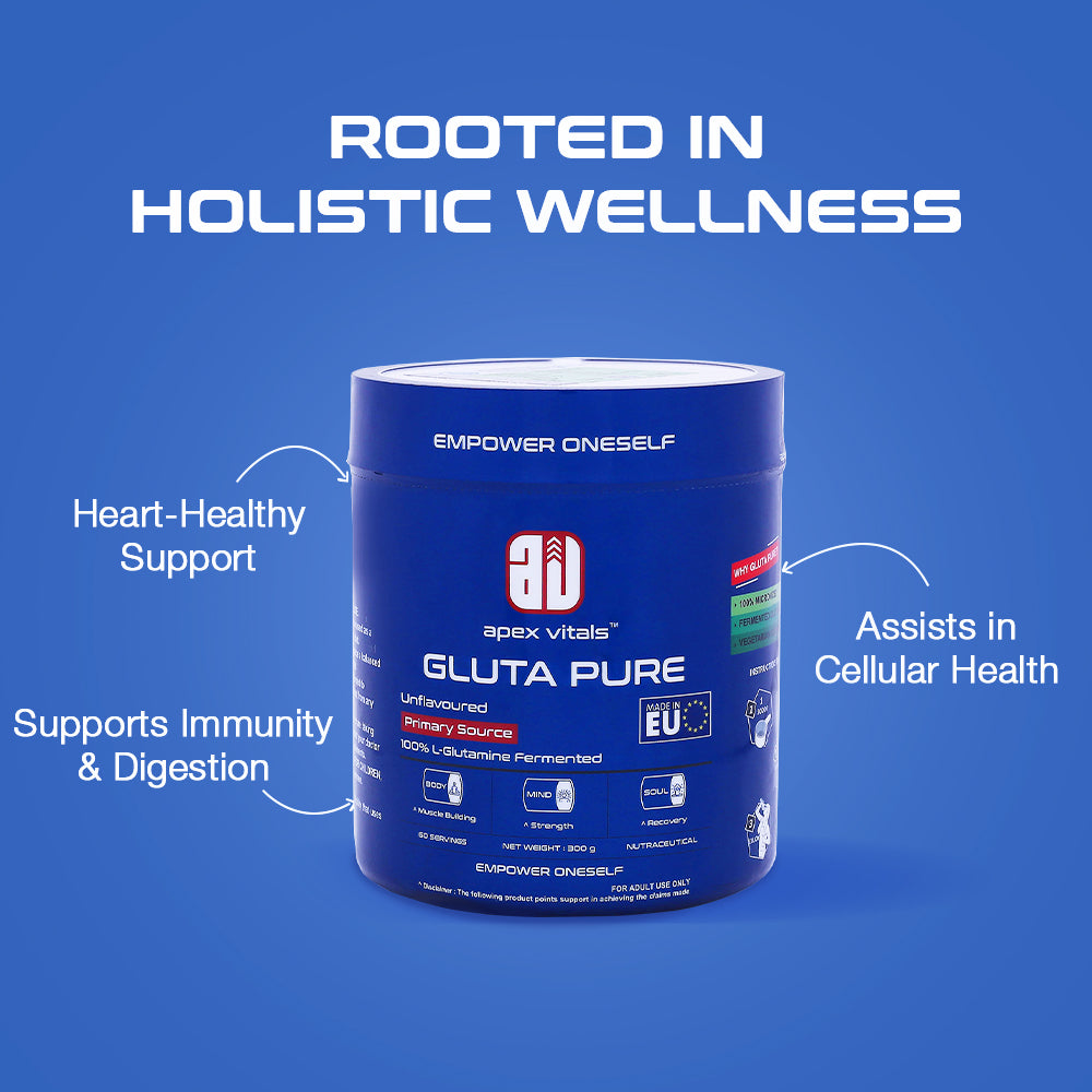 Apex Vitals Gluta Pure L Glutamine 300 G - 60 Ser | German made | Pharma Grade | Made In Europe | FDA, EFSA & FSSAI Certified | Fermented & 100% Micronized | No Chemical Processing & Vegetarian Source