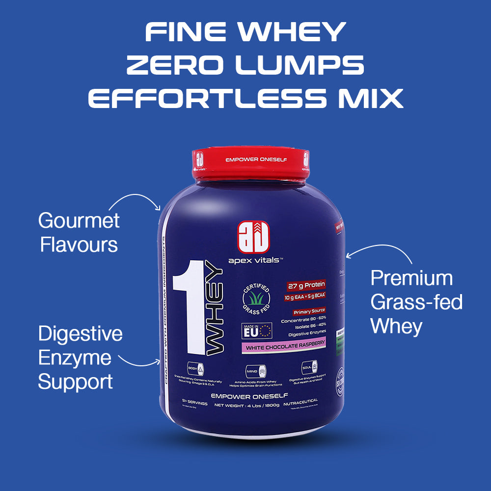 Apex Vitals 1 Whey - Grass-Fed Whey | 27g Protein, 10g EAA + 5g BCAA | Concentrate 80-60%, Isolate 86-40%, Digestive Enzymes | FDA, EFSA & FSSAI Certified|White Chocolate Raspberry - 4lbs