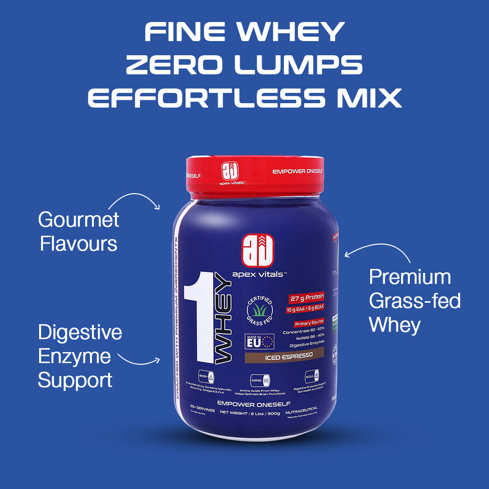 Apex Vitals 1 Whey|Grass-Fed Whey|Made In Europe|FDA,EFSA & FSSAI Certified|27g Protein, 10g EAA+ 5g BCAA|Concentrate 80-60%, Isolate 86-40%,Digestive Enzymes|2lbs (900g)-25+ Ser- Iced Espresso