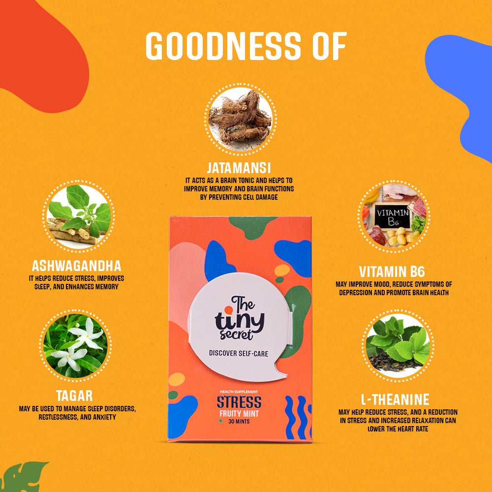The Tiny Secret Stress Relief Fit Mints | Promotes Relaxation & Calm Mind | Helps Release Stress & Anxiety | With Goodness of Researched Herbal extracts | Fruity Flavour | 30 Mints
