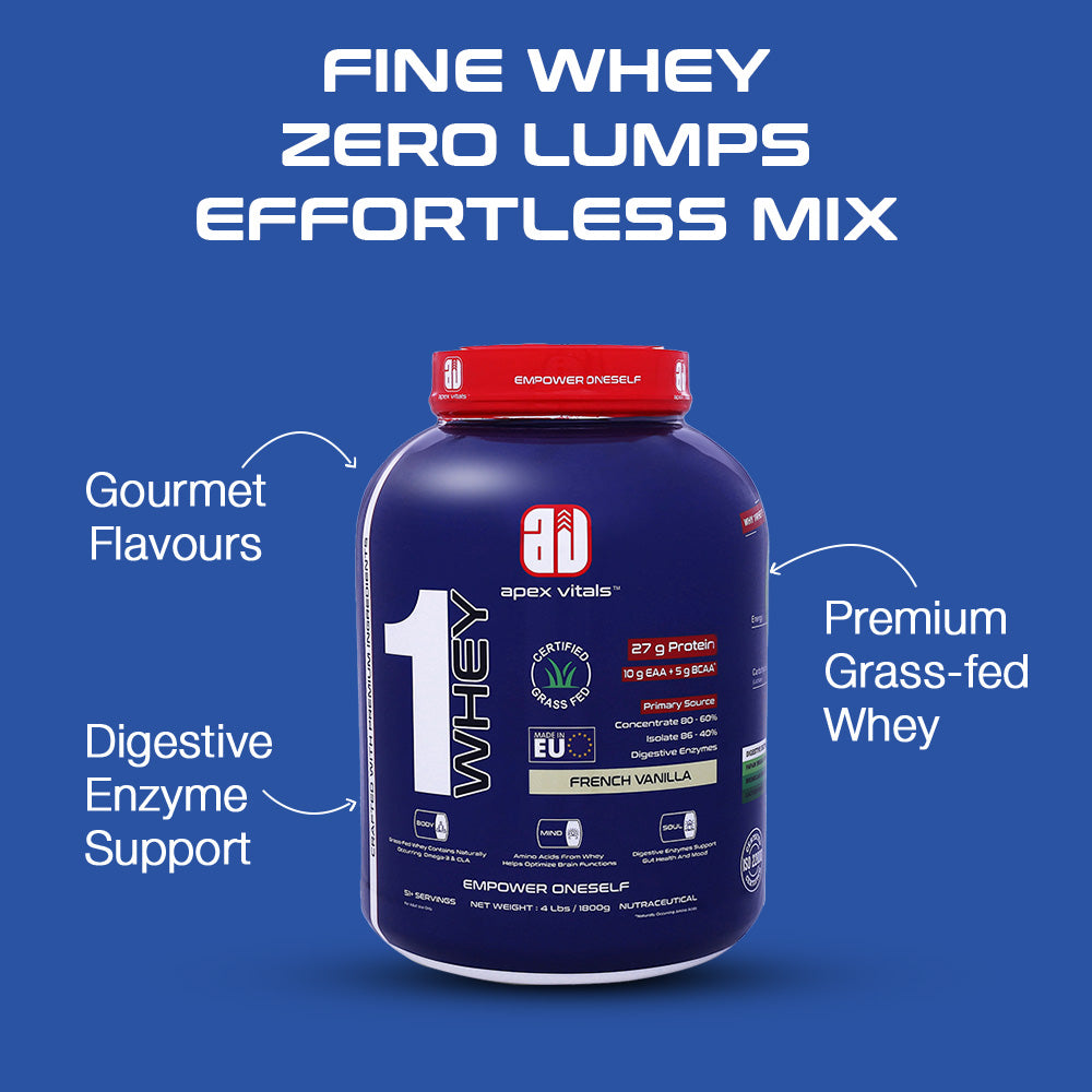 Apex Vitals 1 Whey - Grass-Fed Whey | 27g Protein, 10g EAA + 5g BCAA | Concentrate 80-60%, Isolate 86-40%, Digestive Enzymes | FDA, EFSA & FSSAI Certified|French Vanilla - 4lbs