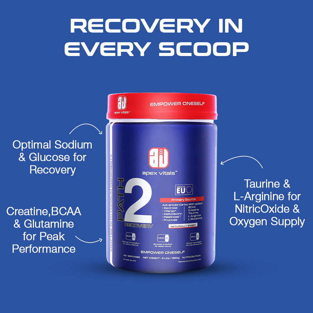Apex Vitals Path 2 Recovery - Complete Hydration, Strength & 2X Recovery Formula | Complex Carbs, Creatine, BCAA, L Glutamine, L Taurine & L Arginine | GMP & ISO Certified |1.36 kg (3lbs)