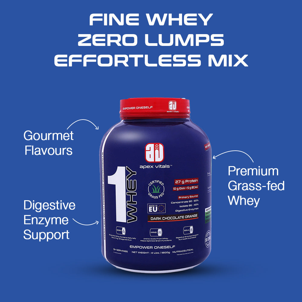 Apex Vitals 1 Whey - Grass-Fed Whey | 27g Protein, 10g EAA + 5g BCAA | Concentrate 80-60%, Isolate 86-40%, Digestive Enzymes | FDA, EFSA & FSSAI Certified|Dark Chocolate Orange- 4lbs