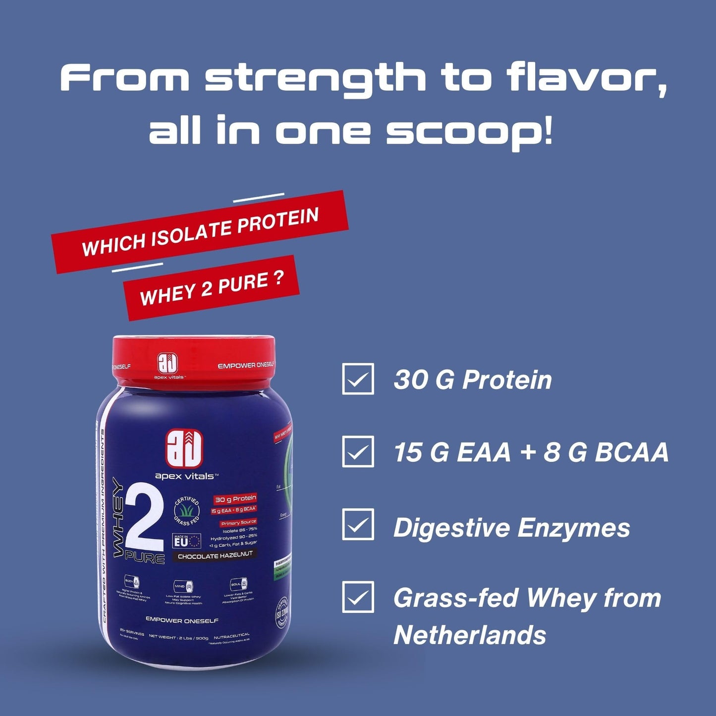 Apex Vitals Whey 2 Pure | Grass-fed Whey made in EU | Whey Isolate & Hydrolyzed | 30g protein, 15g EAA+8g BCAA | Digestive Enzymes | Muscle Build & Recovery | 900gm (2lbs)- 25+ Ser | Chocolate Hazelnut