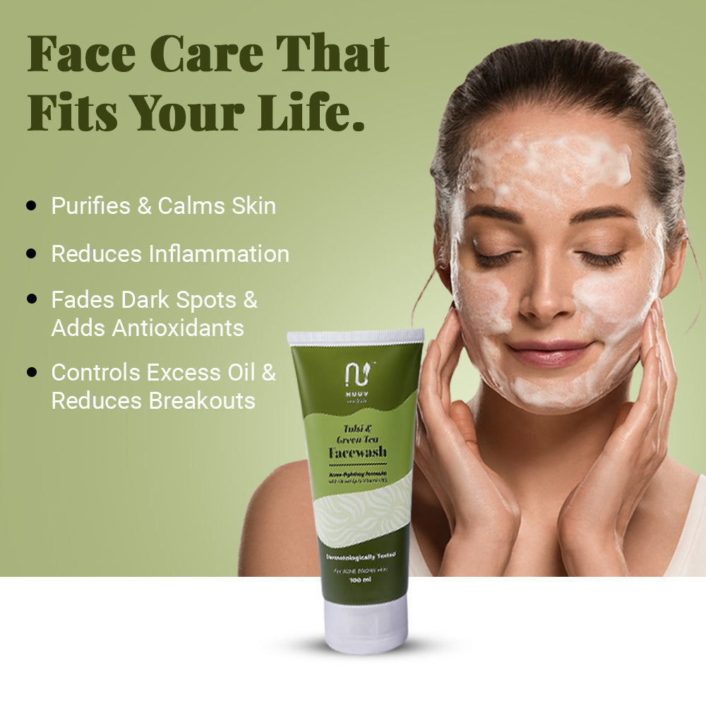 Nuuv Essential Combo - Tulsi & Green Tea Facewash & Waterless Facewash | Daily Glow Duo | Vegan | Paraben-Free | Glow and Hydration | For All Skin Types | 100ml + 100ml