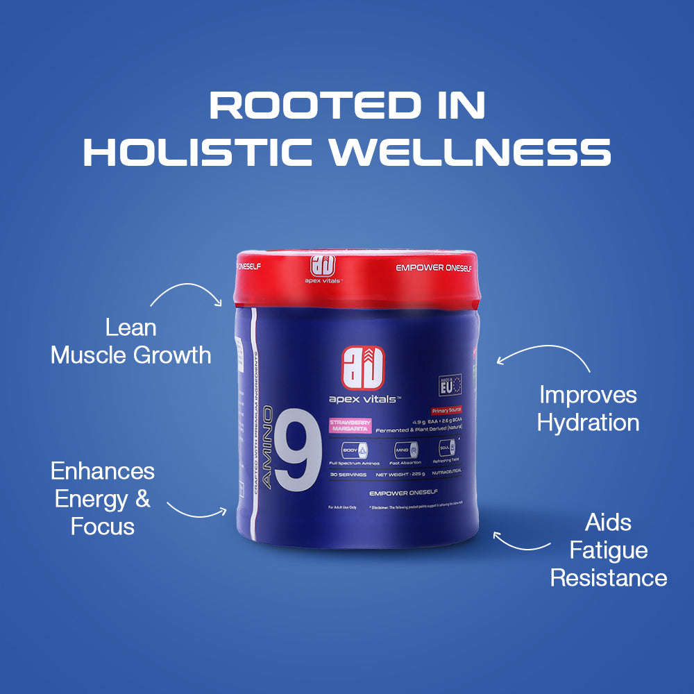 Apex Vitals Amino 9 | All 9 essential amino acids | Pre/Intra Workout Supplement | 4.9g EAA+2.6g BCAA | Natural & Fermented Plant Derived | 225g - 30 servings | Strawberry Margarita