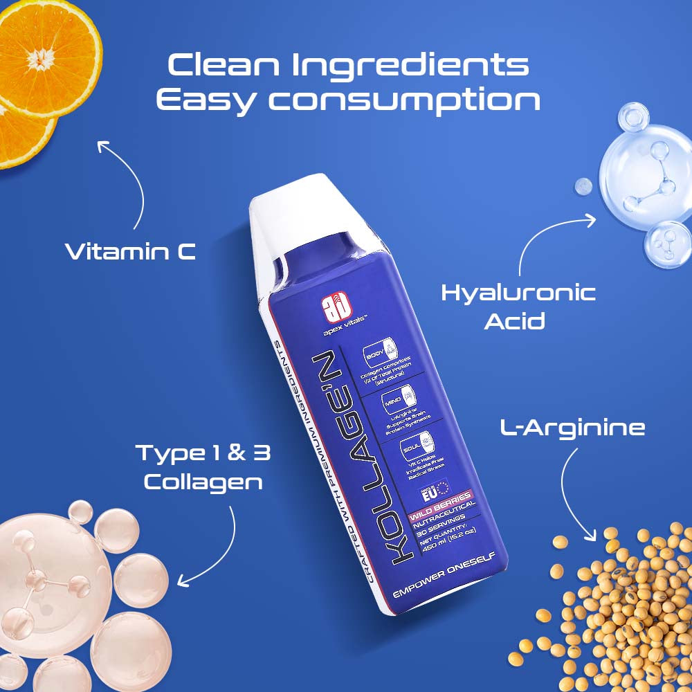 Apex Vitals KOLLAGEN Collagen Liquid - 30 ser | Made in Europe | FDA,EFSA,FSSAI Certified | India's First Liquid Collagen | Type 1 & 3,Mohai Agnes Spring Water, Hyaluronic acid,Biotin & Vit C | 30 Ser-Wild Berries