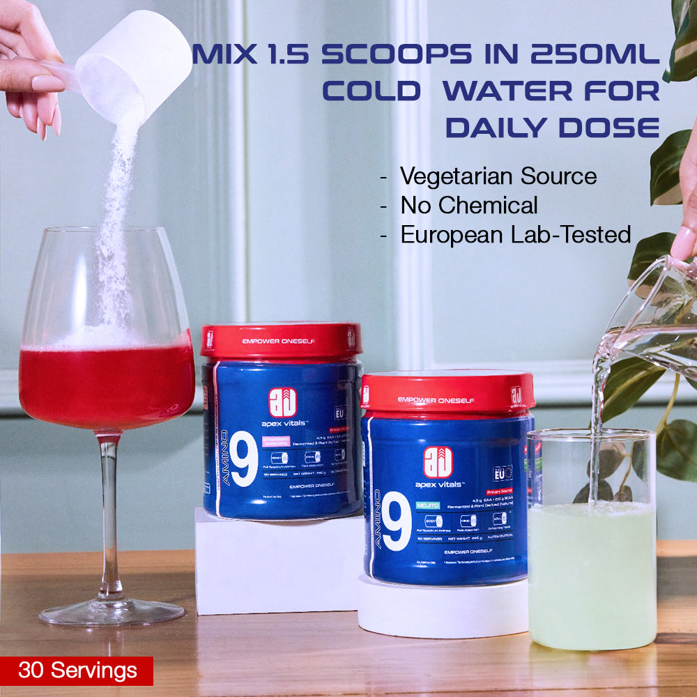 Apex Vitals Amino 9 | All 9 essential amino acids | Pre/Intra Workout Supplement | 4.9g EAA+2.6g BCAA | Natural & Fermented Plant Derived | 225g - 30 servings | Mojito