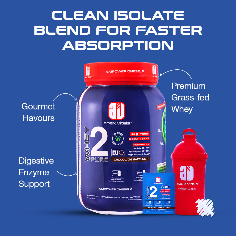 Apex Vitals Whey 2 Pure - Grass-Fed Whey Made in EU | Whey Isolate & Hydrolyzed | 30g Protein, 15g EAA, 8g BCAA | Digestive Enzymes | Muscle Build & Recovery |Chocolate Hazelnut - 900g 2 lbs, Shakers, Samples