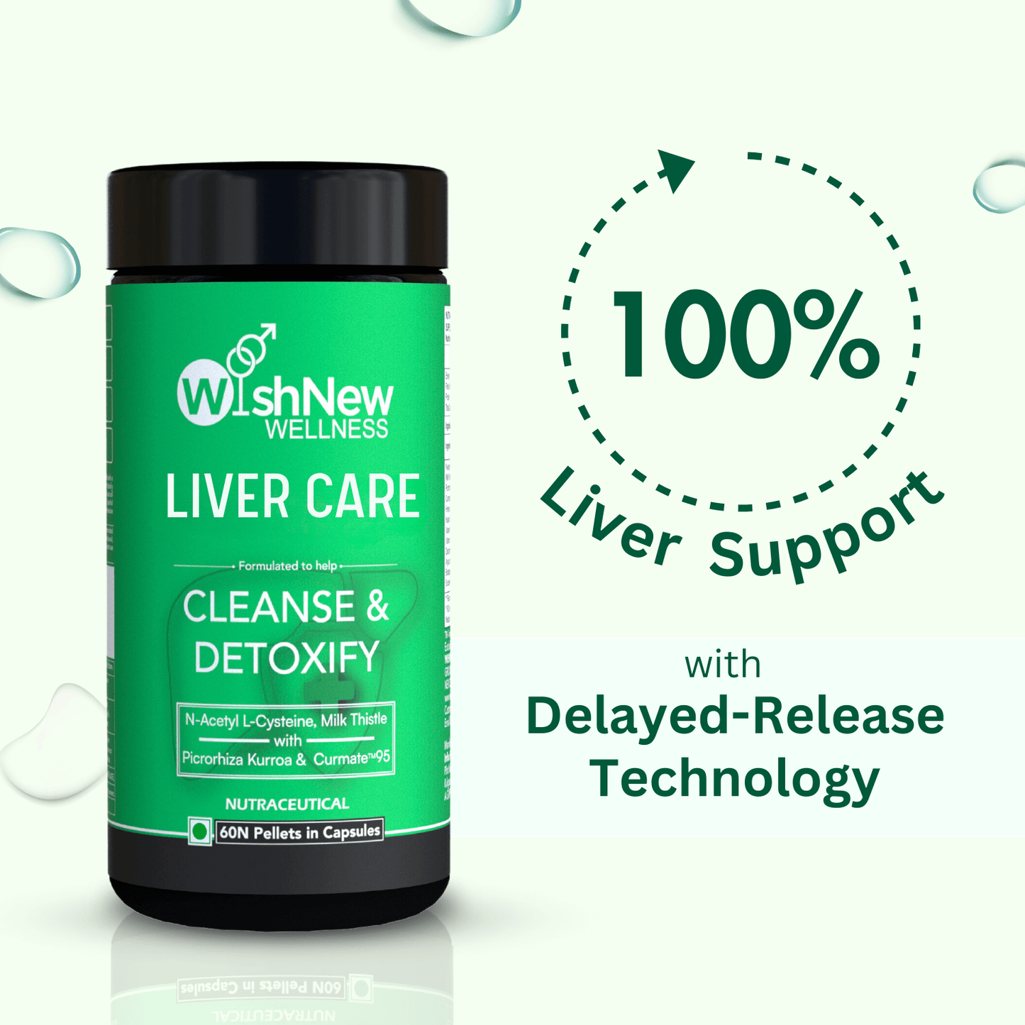 WishNew Wellness Liver Care Supplement - Detox & Support with NAC, Milk Thistle, Picrorhiza, Curmate™ 95, Vitamins E & D2, 60 Caps | Fit Health Fatty Liver Care | Suitable for Men & Women