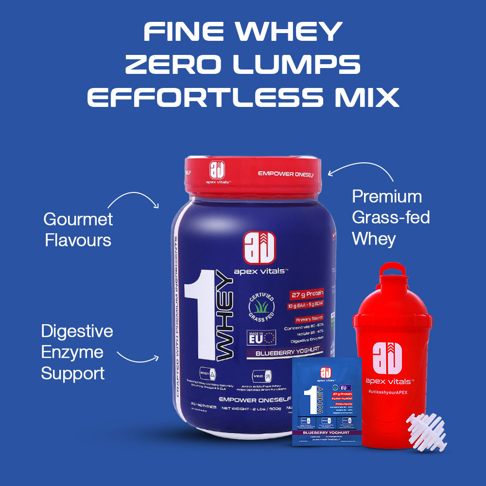 Apex Vitals 1 Whey | Grass-Fed Whey | Made In Europe | FDA,EFSA & FSSAI Certified | 23g Protein, 13g EAA, BCAA | Concentrate 60%, Isolate 40%,Digestive Enzymes | 2Kg-67 Ser-Blueberry Yoghurt 2 Lbs, Shakers, Samples