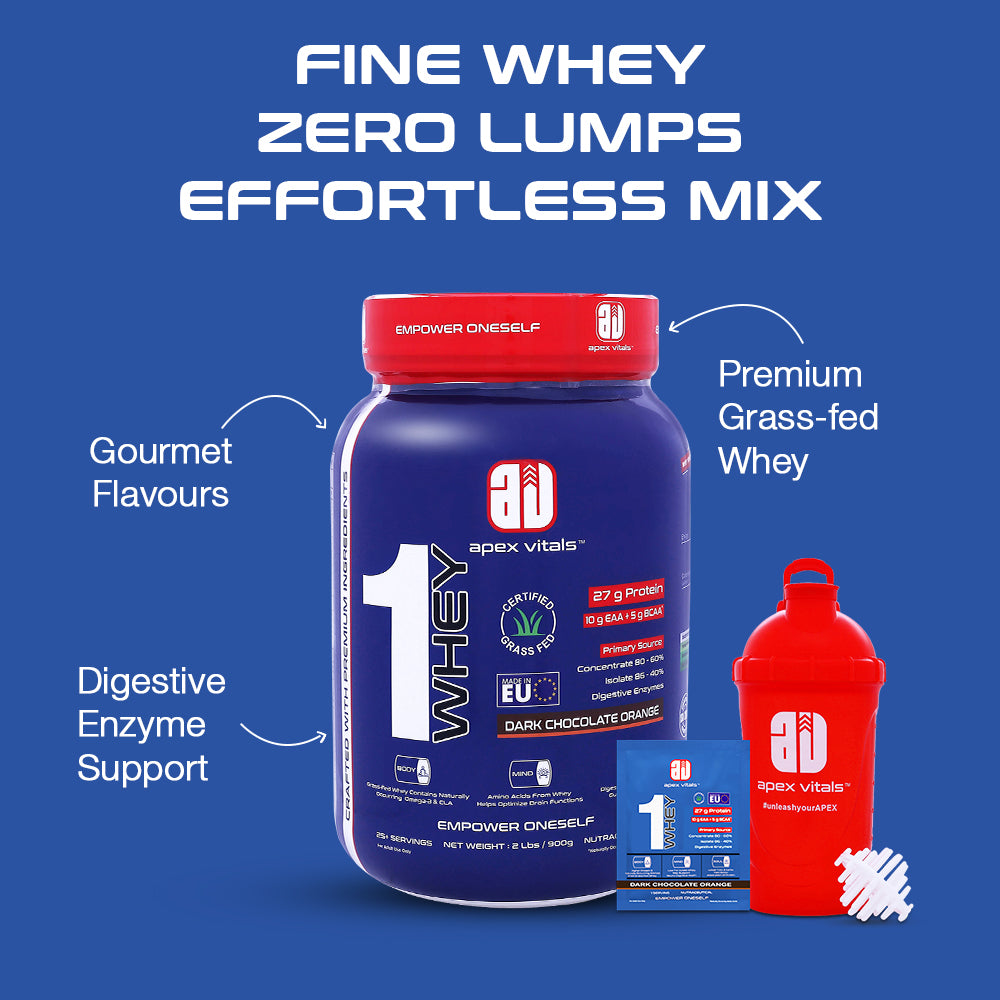 Apex Vitals 1 Whey - Grass-Fed Whey | 27g Protein, 10g EAA, 5g BCAA | Concentrate 80-60%, Isolate 86-40%, Digestive Enzymes | FDA, EFSA & FSSAI Certified|Dark Chocolate Orange- 2lbs, Shakers, Samples