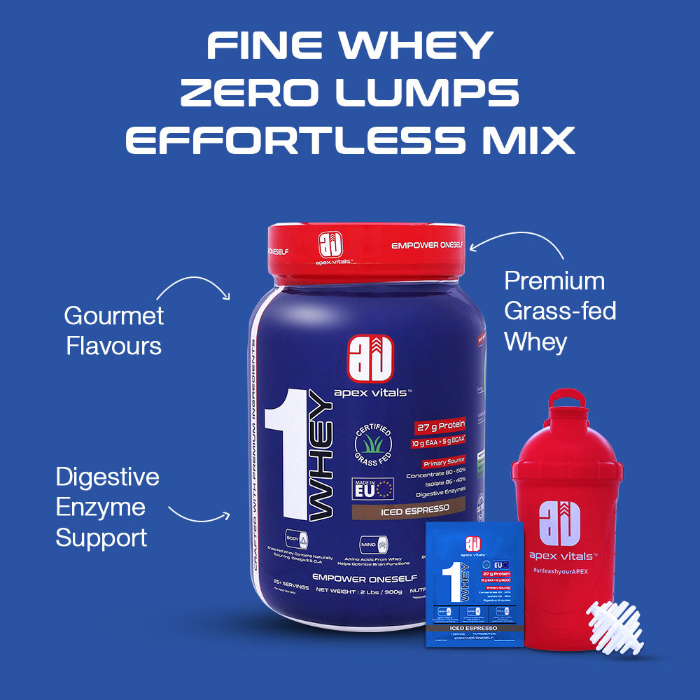 Apex Vitals 1 Whey - Grass-Fed Whey | 27g Protein, 10g EAA, 5g BCAA | Concentrate 80-60%, Isolate 86-40%, Digestive Enzymes | FDA, EFSA & FSSAI Certified|Iced Espresso - 2lbs, Shakers, Samples