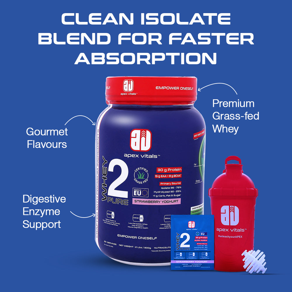 Apex Vitals Whey 2 Pure - Grass-Fed Whey Made in EU | Whey Isolate & Hydrolyzed | 30g Protein, 15g EAA, 8g BCAA | Digestive Enzymes | Muscle Build & Recovery |Strawberry Yogurt - 900g 2lbs, Shakers, Samples