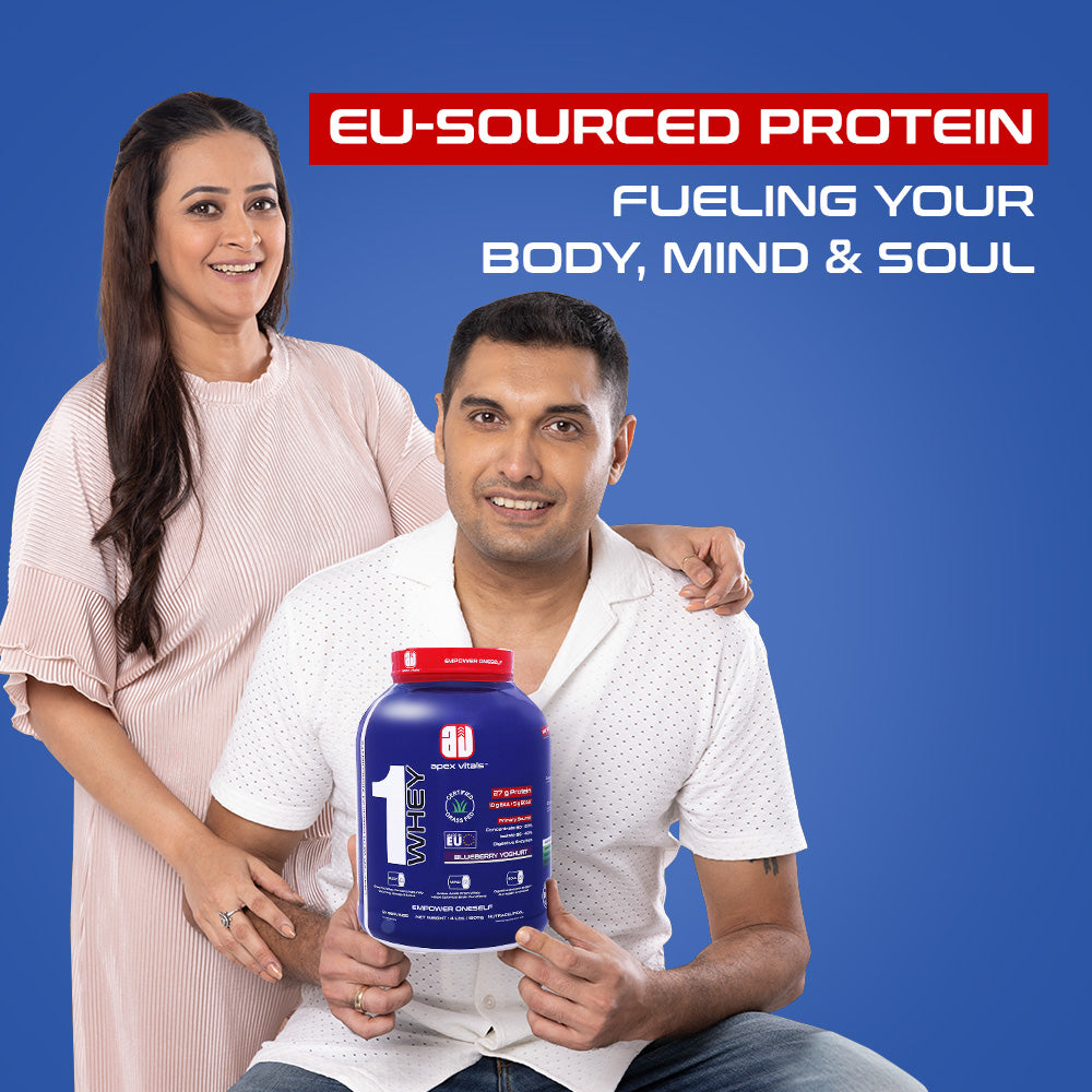 Apex Vitals 1 Whey - Grass-Fed Whey | 27g Protein, 10g EAA + 5g BCAA | Concentrate 80-60%, Isolate 86-40%, Digestive Enzymes | FDA, EFSA & FSSAI Certified|Blueberry Yogurt - 4lbs