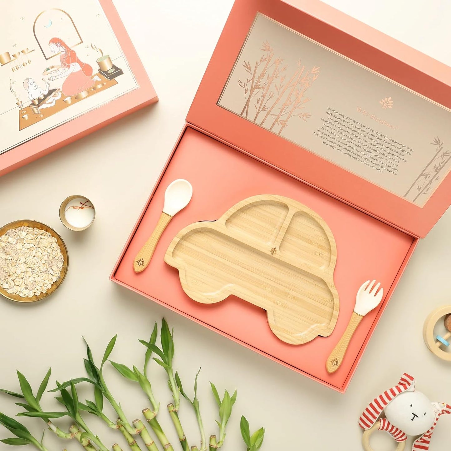 BABY FOREST Laad Dulaar Bamboo Feeding Plate | Car Shape | Toxin & Chemical-Free | Bio-Degradable & Environment-Friendly | with Silicon Suction Base | Cruelty-Free