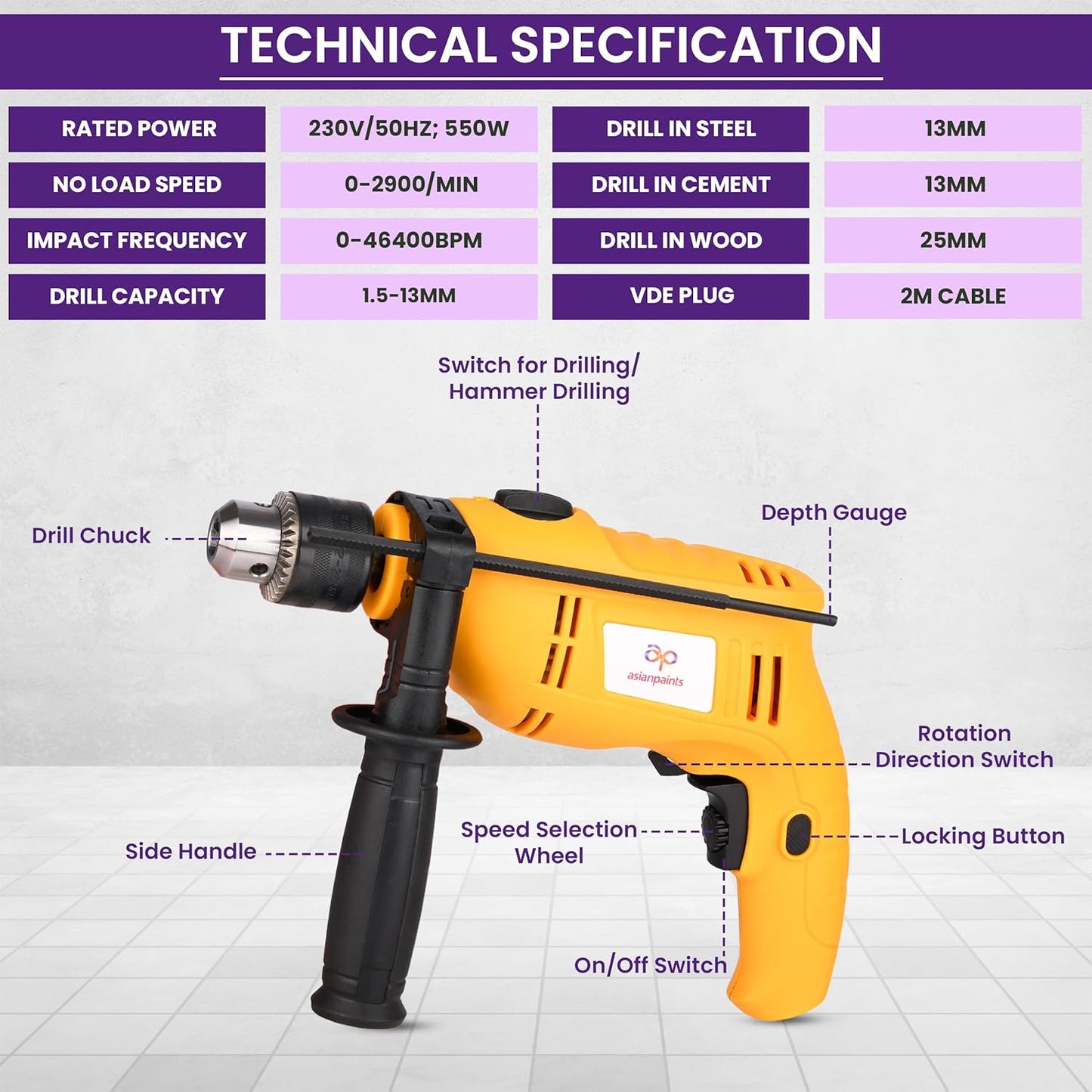 Asian Paints Corded Electric Professional Impact Drill Tool kit, 550 Watts, 2900 RPM, Chuck 13mm Machine Variable Speed, Forward/Reverse Rotation, Double Insulation, Improved Carbon Brush (88 Pcs)