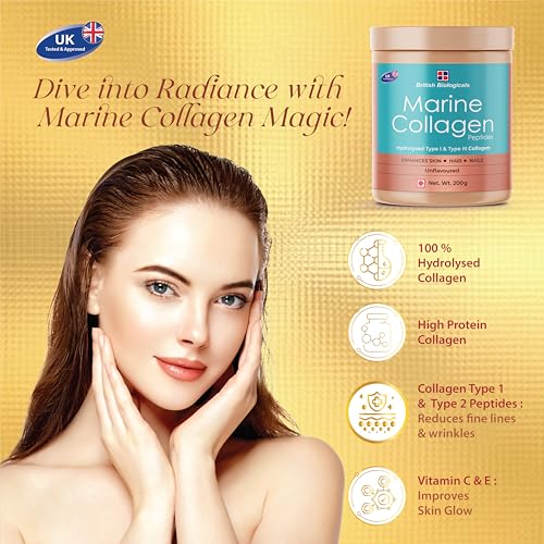 Marine Collagen Supplements for Women & Men, 200g | Supports Glowing Skin | Naturl Moisturiser | Supports healthy Nails, Hair & Skin | - Supports Damaged Skin | 200g | Unflavoured - British Biologicals