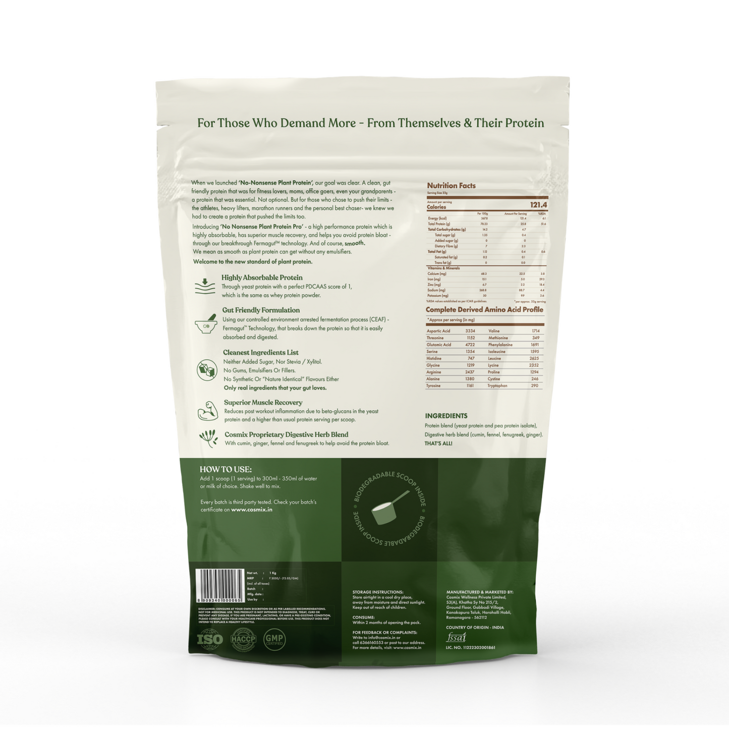 Cosmix No-Nonsense Plant Protein Pro | 26g Protein/Serve | Classic Unflavoured | Yeast Powered Plant-Based Protein | PDCAAS of 1 | Light On Gut, Superior Muscle Recovery - 1kg