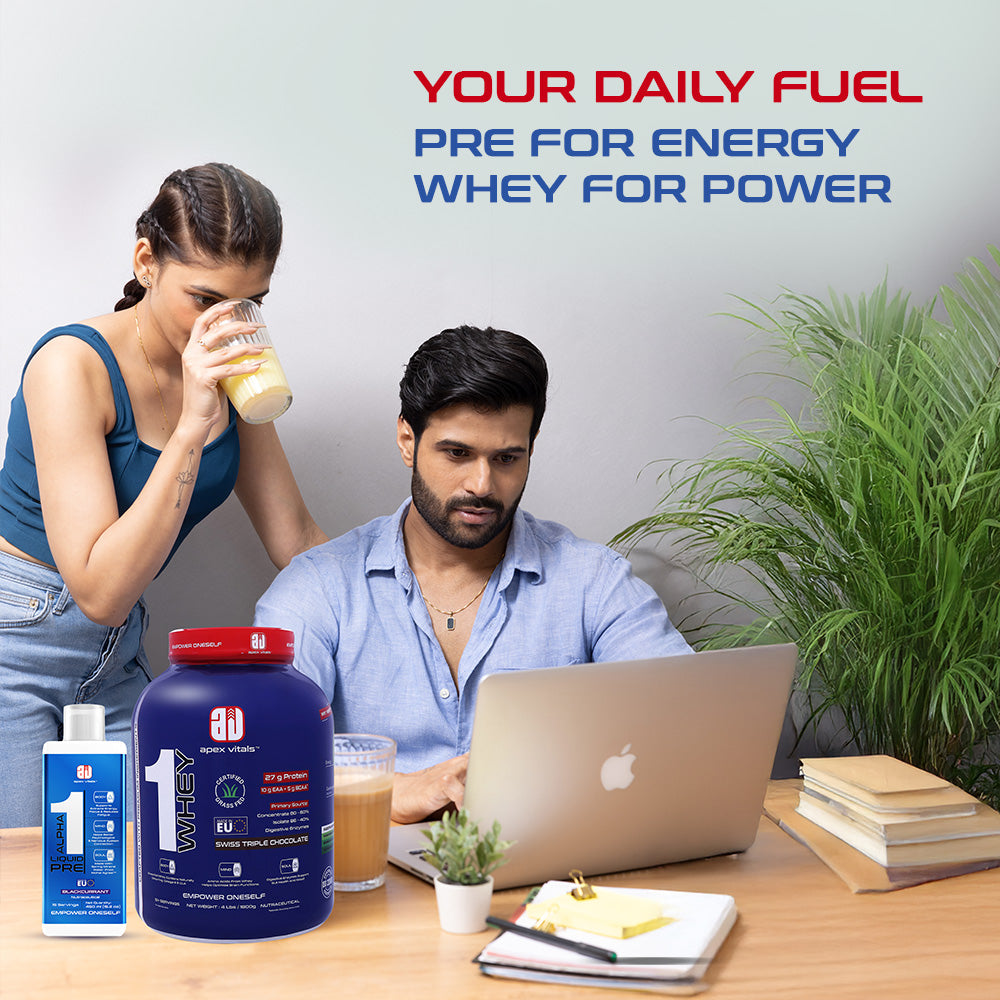 Apex Vitals - 1 Whey Protein Blend 4 lbs + Alpha 1 Pre-Workout Combo | Grass-Fed Protein Powder | Mohai Ignes Mineral Water | Muscle Strength & Recovery | Swiss Triple Chocolate (4lbs)