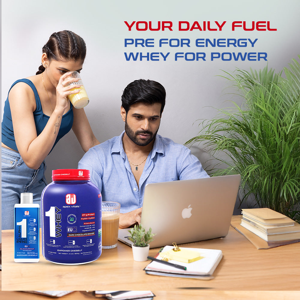 Apex Vitals - 1 Whey Protein Blend 4 lbs + Alpha 1 Pre-Workout Combo | Grass-Fed Protein Powder | Mohai Ignes Mineral Water | Muscle Strength & Recovery | Dark Chocolate Orange (4lbs)