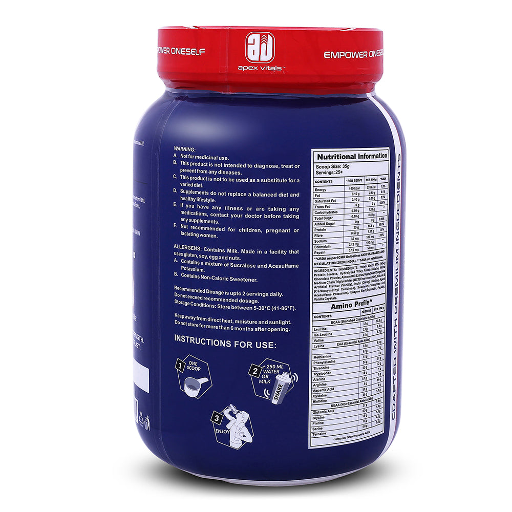 Apex Vitals Whey 2 Pure - Grass-Fed Whey Made in EU | Whey Isolate & Hydrolyzed | 30g Protein, 15g EAA, 8g BCAA | Digestive Enzymes | Muscle Build & Recovery |White Chocolate Almond - 900g 2Lbs, Shakers, Samples