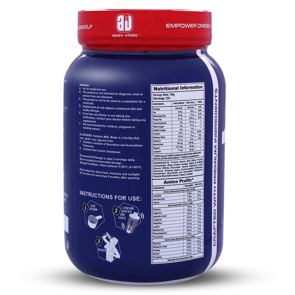 Apex Vitals 1 Whey - Grass-Fed Whey | 27g Protein, 10g EAA, 5g BCAA | Concentrate 80-60%, Isolate 86-40%, Digestive Enzymes | FDA, EFSA & FSSAI Certified|White Chocolate Raspberry - 2lbs, Shakers, Samples