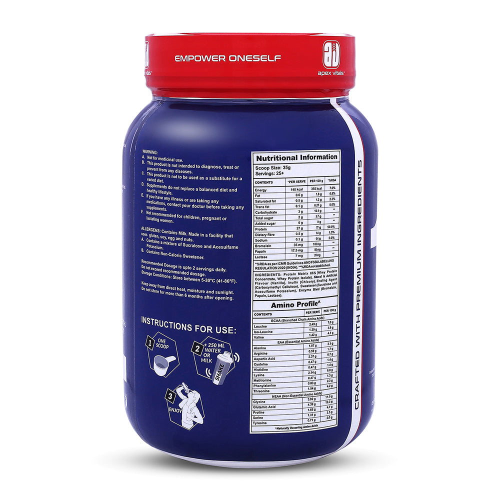 Apex Vitals 1 Whey - Grass-Fed Whey | 27g Protein, 10g EAA, 5g BCAA | Concentrate 80-60%, Isolate 86-40%, Digestive Enzymes | FDA, EFSA & FSSAI Certified|French Vanilla - 2lbs, Shakers, Samples