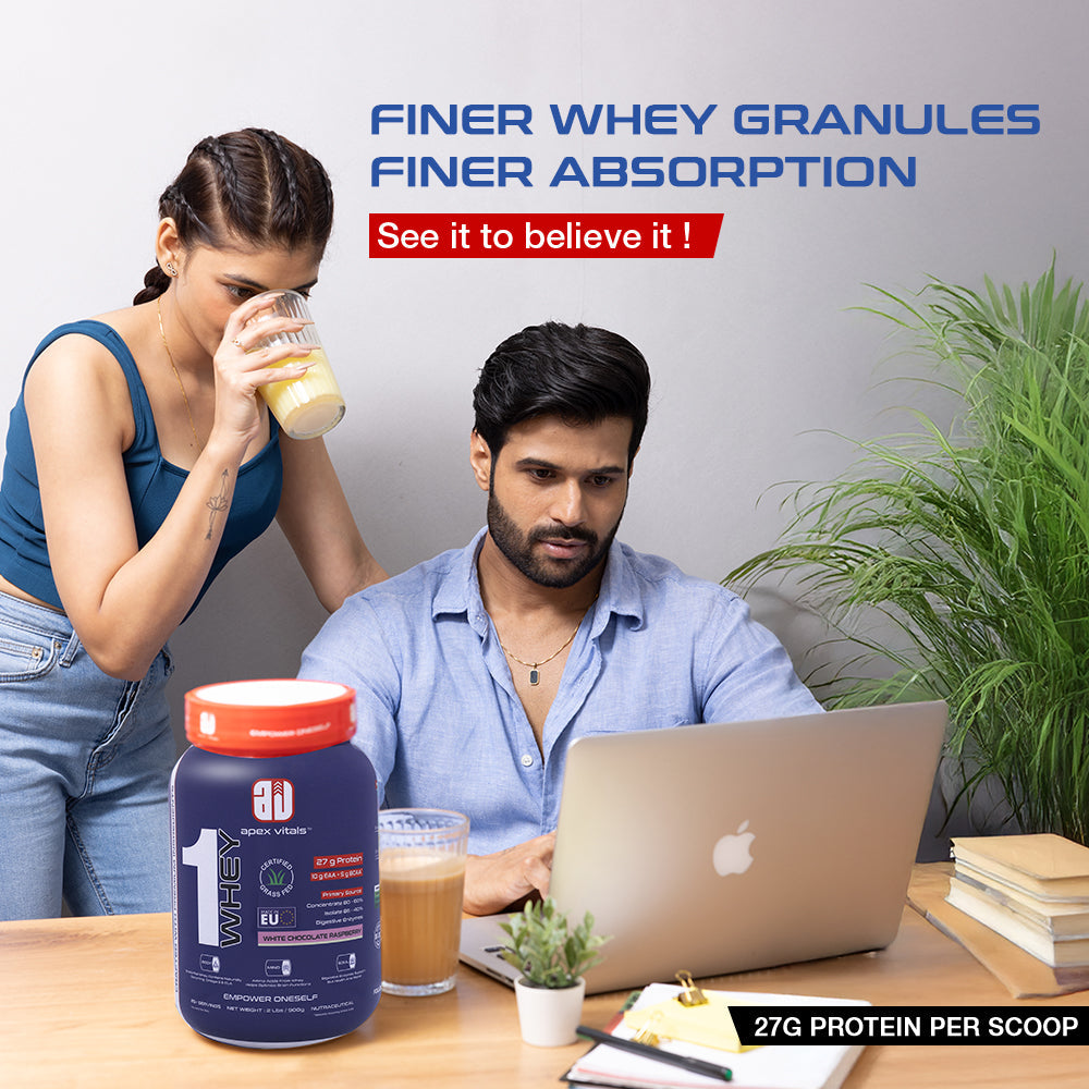 Apex Vitals 1 Whey - Grass-Fed Whey | 27g Protein, 10g EAA, 5g BCAA | Concentrate 80-60%, Isolate 86-40%, Digestive Enzymes | FDA, EFSA & FSSAI Certified|White Chocolate Raspberry - 2lbs, Shakers, Samples