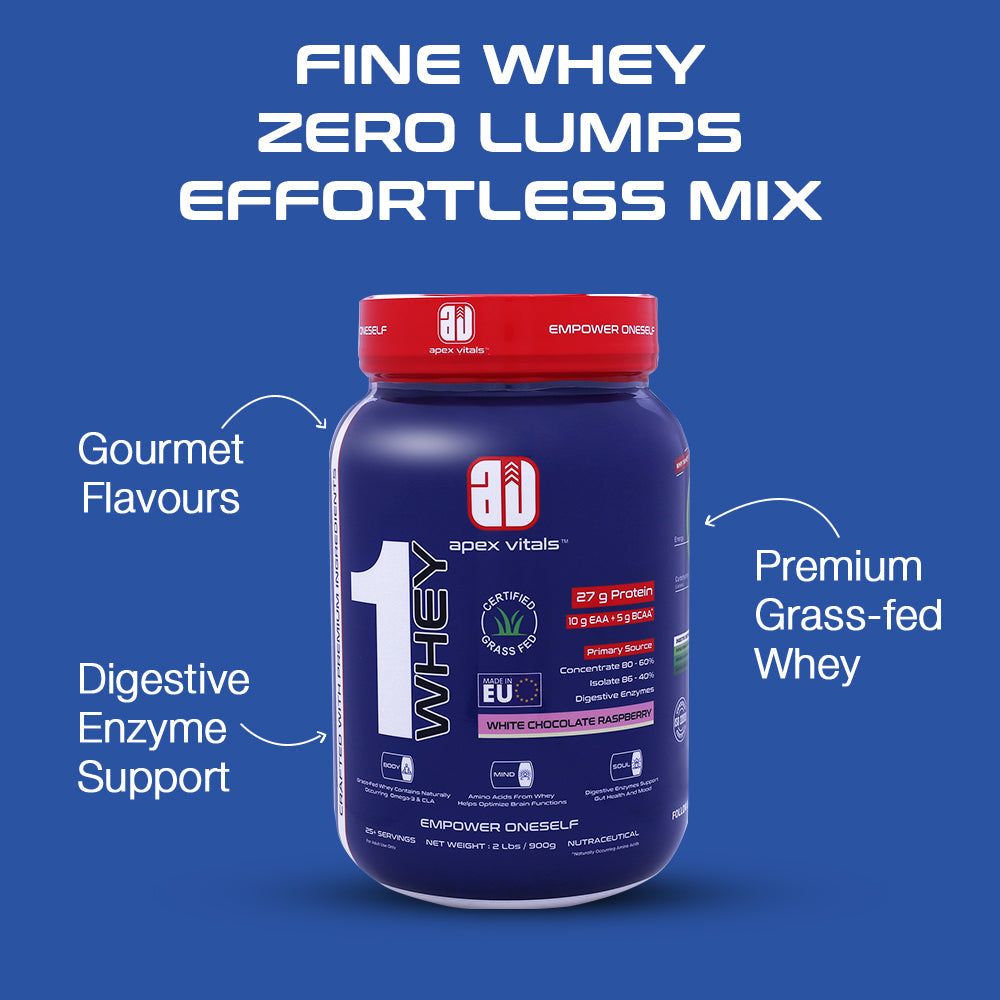 Apex Vitals 1 Whey - Grass-Fed Whey | 27g Protein, 10g EAA, 5g BCAA | Concentrate 80-60%, Isolate 86-40%, Digestive Enzymes | FDA, EFSA & FSSAI Certified|White Chocolate Raspberry - 2lbs, Shakers, Samples